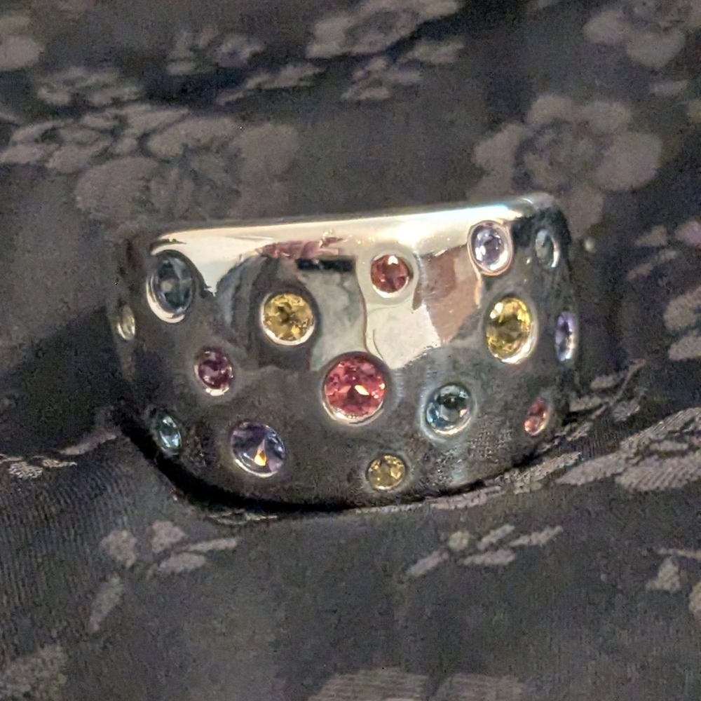 925 Solid Sterling Silver Scattered Multicolor CZ Gemstone Ring Size 10